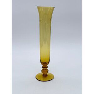 Vtg. Etched Leaf Amber Crystal Slim Bud Vase 8.25" tall